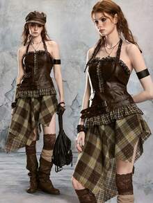 ROMWE Avant Vestido asimétrico de mujer con estampado a cuadros de piel sintética marrón oscuro en estilo retro romántico punk y distópico - Marrón - Ver 1