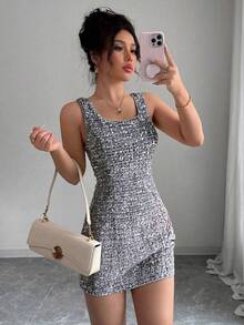 Vestido casual y elegante sin mangas, de cuello redondo y espalda descubierta, de unicolor, para mujer - Gris - Ver 1