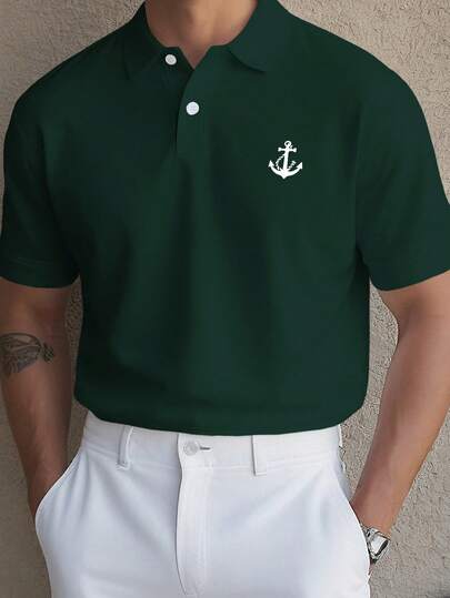 Manfinity Mode Men's Casual Printed Button-Up Polo Shirt, Korean Style Yacht Men College Style Pattern Polo Men Polo Shirt For Men Polo T Shirts For Men Green Sailor Polo Shirt Men Old Money,Daily Leisure, Weekend Trips, Outdoor Activities, Travel Expeditions, Relaxed Work Environments Or Semi-Formal Occasions, Boyfriend/Husband Gift, Anniversary /Birthday Gift Party Christmas New Years