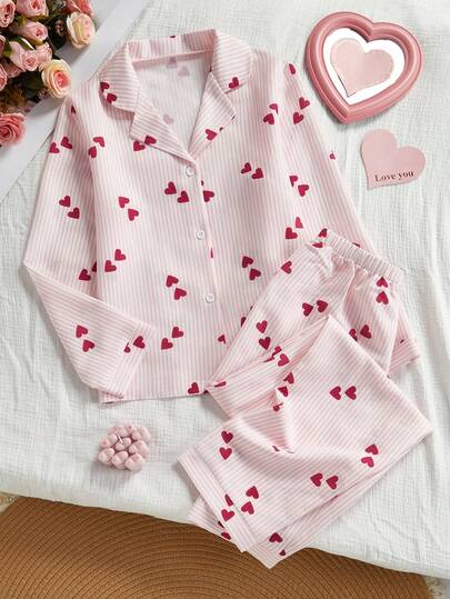 Dream Adore Girls Casual Cute Striped Heart Print Long Sleeve Pajama Set Heart Print Pajama Set Striped Pajama Set Soft Pajama Set Pajama Set For Girls