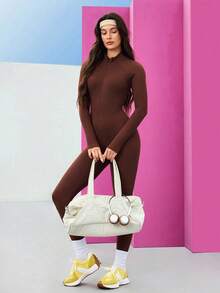 SHEIN Sports Women's Solid Color Raglan Sleeve Zipper Front Jumpsuit - Brown - View 5