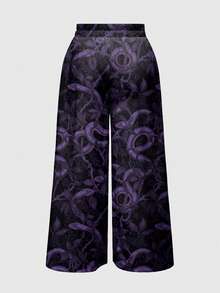 ROMWE Goth 加大码黑暗女巫禁忌植物叶刺藤蔓紫色深色裤子 - 黑色 - 查看 2