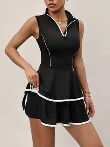 Dewbera 女士拉链前开襟荷叶边下摆无袖运动连衣裙 - 黑色 - 查看 3