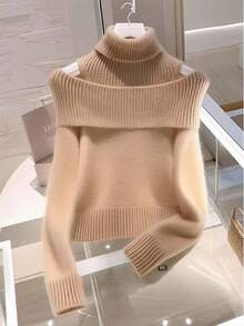 Franclia 新款秋季高领拼布露肩毛衣，优雅设计，柔软迷人的女士套头衫