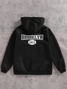 SHEIN Coolqubz 青少年纯黑色连帽拉链运动衫，适合休闲和运动穿着 - 黑色 - 查看 1