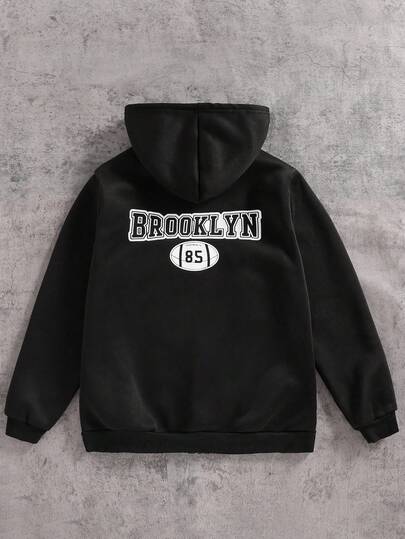 SHEIN Coolqubz Áo nỉ có mũ trùm đầu màu đen trơn dành cho thanh thiếu niên, phù hợp mặc thường ngày và mặc khi chơi thể thao