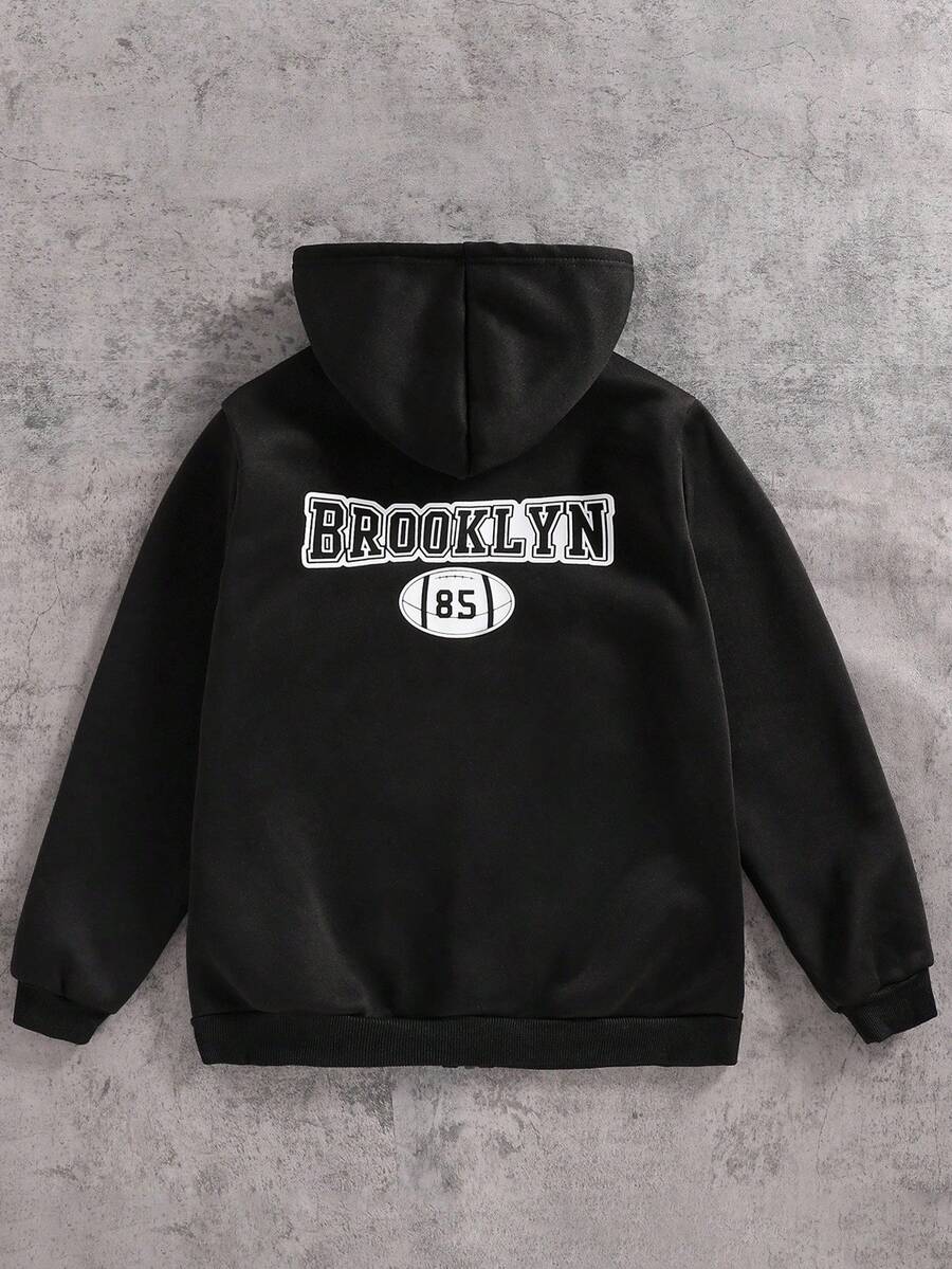 SHEIN Coolqubz 青少年纯黑色连帽拉链运动衫,适合休闲和运动穿着 - 黑色 - 查看 1
