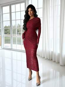 Rafferiza Fashionable Urban New Women's Burgundy Lace Sash Fitted Midi Dress, Suitable For Daily Commute, Graduation Party, Holiday Events, Vacation, Date, Party - Burgundy - View 4