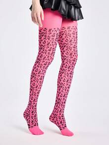 ROMWE Goth 1 Pair Dark Leopard Print Tights, Suitable For Pairing With Skirts, All Season