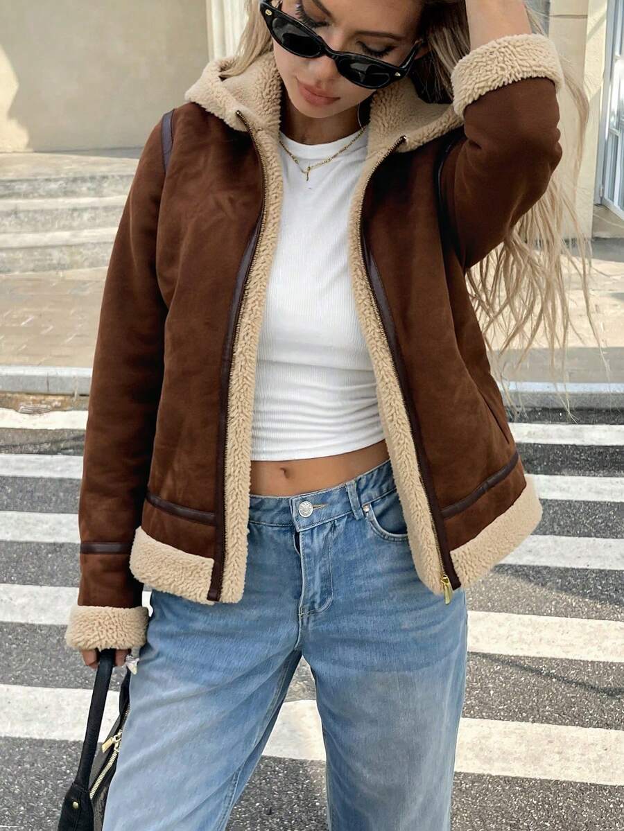 Chaqueta gruesa de otoño e invierno para mujeres - abrigo cómodo y cálido en el pelo compuesto, chaqueta versátil de moda, adecuada para varias ocasiones - Café oscuro - Ver 1