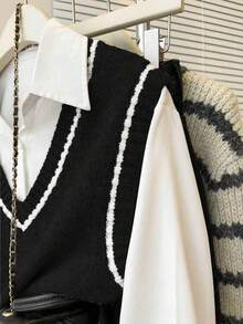 Franclia 法式复古宽松V领无袖针织撞色滚边灰色女式毛衣背心，适合秋冬季叠穿 - 黑色 - 查看 6