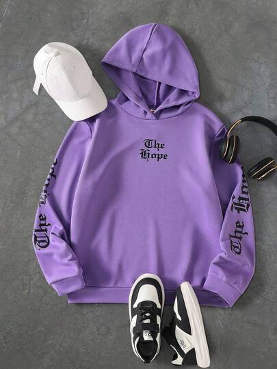 SHEIN Coolqubz 1 件青少年男孩休闲连帽套头衫，紫色，适合秋冬街头风格日常穿着