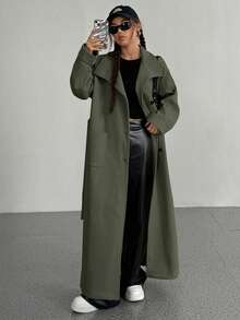 SHEIN Unity Women's Solid Color Drop Shoulder Long Sleeve Single Breasted Pocket Casual Loose Regular Jacket - Green - View 3