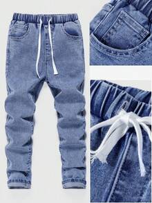 Tween Boys' Elastic Waist Drawstring All-Match Simple Versatile Comfortable Stretchy Slim Fit Light Grey Jeans - Light Wash - View 2