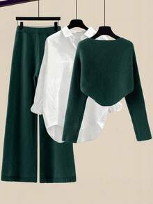 GlowEve Conjunto casual de 2 piezas de suéter de manga larga con bajo asimétrico de unicolor y pantalones de pierna ancha para mujer - Verde - Ver 2