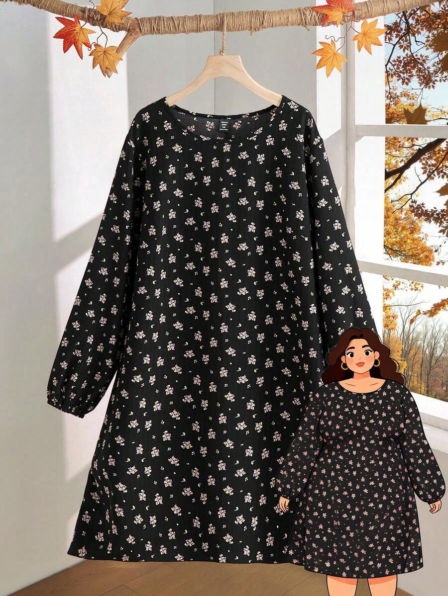 Rusticease Váy dài tay cổ tròn in họa tiết hoa cỡ lớn cho mùa đông - Nhiều màu - Xem 1