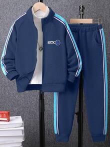 SHEIN Vacaura 两件套男童休闲运动套装 - 长袖拉链夹克和裤子 - 藏蓝色 - 查看 3