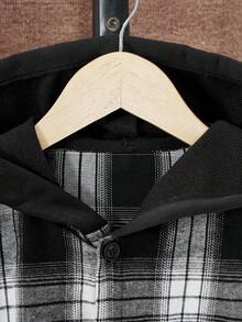 SHEIN 青少年男孩新款春秋休闲宽松连帽格子衬衫，带胸袋，适合休闲、运动、跑步、旅行、节日、聚会、家庭聚餐，也可作为送给朋友的礼物