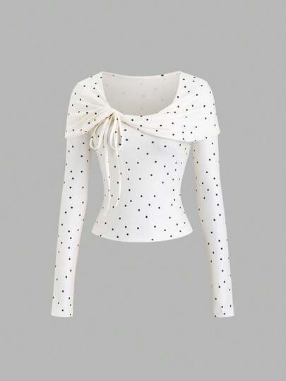 Sweetra Fransk retro, mjuk, sned axel, prickig, twist, långärmad, höstdesign, slim fit, dam-t-shirt