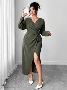 Elenzga Váy xẻ tà cổ chữ V màu trơn thanh lịch cỡ lớn cho nữ - xanh quân đội - Xem 6