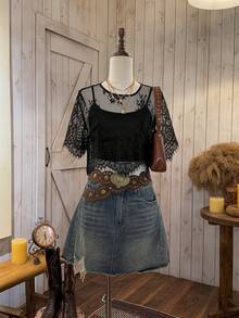 Wildy Heavy-Duty Mesh Top With Nail Beads, Pearls, And See-Through Design For Wedding Season - Black - View 4