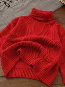 SHEIN LMoss Kids Suéter de cuello alto de manga larga, sencillo y versátil de color blanco leche, para niñas bebés, otoño/invierno - Rojo - Ver 4