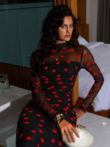 Opulessa Vacation Knit Mesh Heart Flocked Pattern Round Neck Long Sleeve Fitted Women Long Dress, Spring Break Outfits, Summer Outfits, Valentine's Day, Beach Dress, Elegant Wedding Guest Dress, Birthday Outfits, Casual Outfits, Vacation Outfits, Going Out Dress Heart Print Dress Black Mesh Dress - Black - View 7