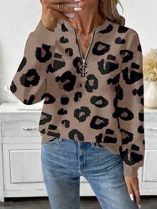 EMERY ROSE Plus Size Women Casual Minimalist Leopard Print Zip-Up Round Neck Fall Tops Sweatshirt Fall Clothes For Women Leopard Print Tops - Multicolor - View 3