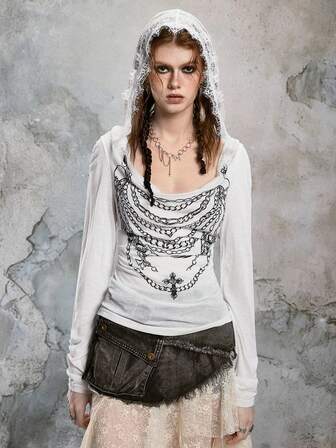 ROMWE Avant Women's Vintage Y2K Apocalyptic Lace Patchwork Chain Thorn Print Sheer Long Sleeve T-Shirt