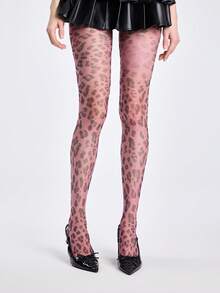 ROMWE 1 Pair Gothic Style Dark Plaid & Leopard Print Tights - Purple - View 4