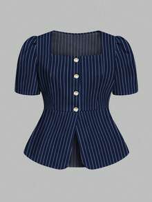 Auvina Plus Size Women Elegant Casual/Work Minimalist Striped Short Sleeve Shirt - Navy Blue - View 4