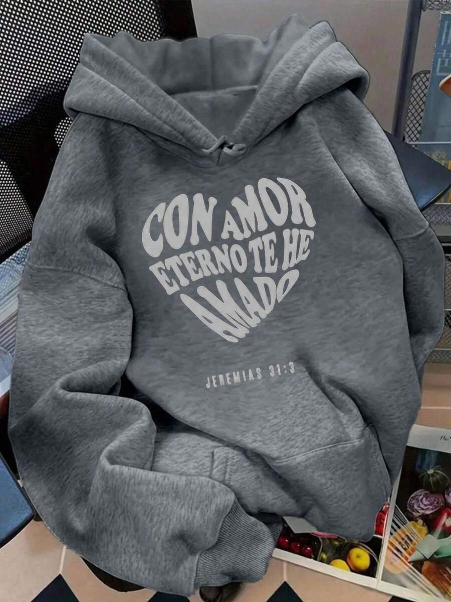 Hoodie mujer sudadera gorro capucha bolsillo canguro puños acanalados calientita cómoda diario estampado al frente mensaje de fe y esperanza versículo bíblico de amor - Gris - Ver 1
