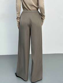 Firerie Women's Elegant Casual Office Commute Pants, Brown Khaki Striped Fabric Loose Fit Straight Leg Trousers, Autumn/Winter New Women's Suit Pants, Elegant Pants, Winter For Women, Fall, Going Out,Spring - Brown - View 4