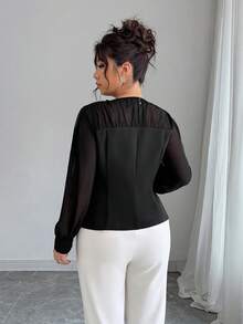 Elenzga Áo cánh màu trơn họa tiết chắp vá bằng vải voan thanh lịch dành cho nữ cỡ lớn - màu đen - Xem 3