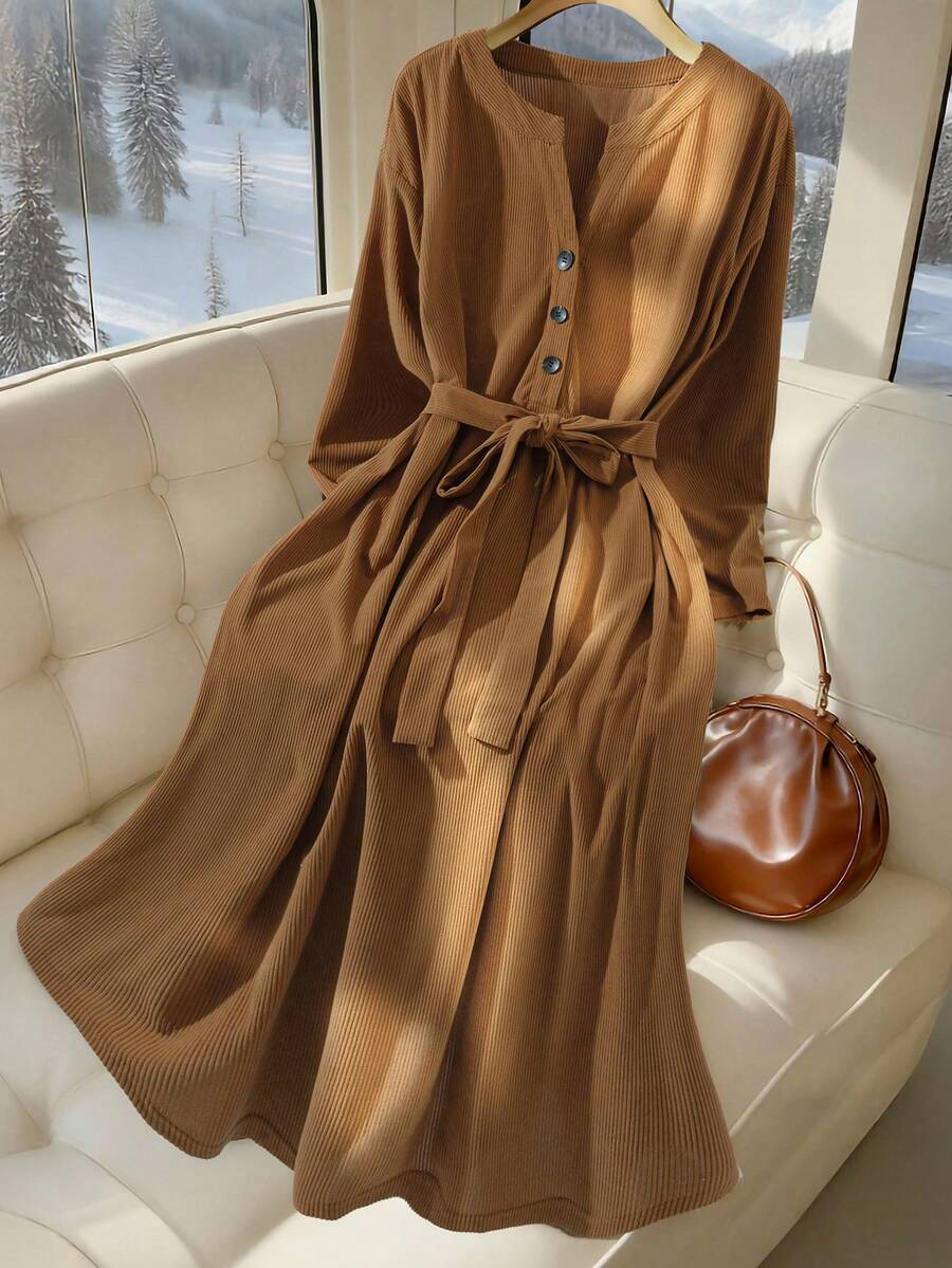 Elenzga Falda larga de cintura casual de unicolor para mujer, otoño - Marrón - Ver 1