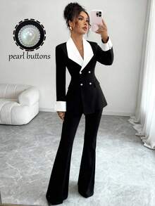 Elenzga Women's Contrast Color Lapel Double-Breasted Long Sleeve Jacket And Flared Pants Elegant Suit Set - Black and White - View 1
