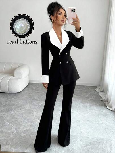 Elenzga 女士撞色翻领双排扣长袖外套和喇叭裤优雅套装