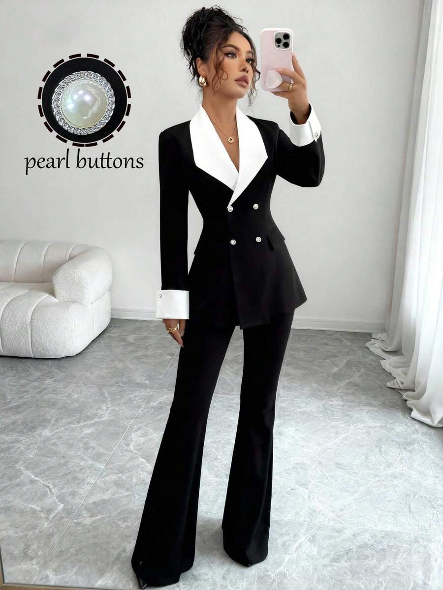 Elenzga Women's Contrast Color Lapel Double-Breasted Long Sleeve Jacket And Flared Pants Elegant Suit Set - Black and White - View 1