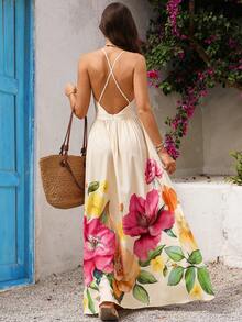 Vivid Eden Váy hở lưng cổ chữ V in hoa cho nữ đi nghỉ hè và đi biển - Màu be - Xem 2