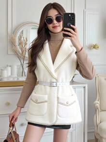 SHEIN Sparklyn Quần áo cho bé gái tuổi teen Áo khoác ngoài phong cách ngọt ngào và nữ tính Có thắt lưng quanh eo Thắt lưng làm thon eo và khiến người mặc trông thon gọn hơn Quần áo cắt may tinh tế Thích hợp cho việc đi lại hàng ngày và mua sắm - trắng - Xem 3