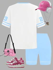 Sparklyn Áo thun cổ tròn in họa tiết màu trắng tương phản kiểu mới cho bé gái tuổi teen và quần short dệt kim ôm sát, trang phục thể thao, màu trắng và xanh, bộ đồ thường ngày dạo phố mùa hè - trắng - Xem 2