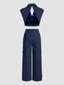 Chiquease 2 piezas Conjunto de parte superior sin espalda y pantalones de unicolor para mujer - Azul Marino - Ver 2