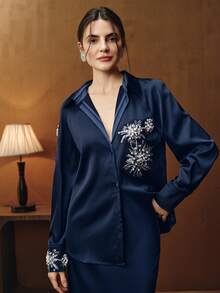 Anewsta Blusa feminina casual de manga comprida com estampa listrada e detalhes em strass. - Azul marinho - Ver 4