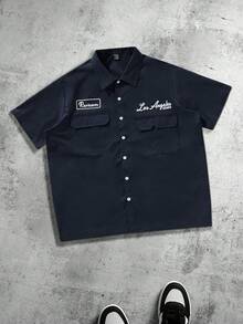 PAVTROS 男士大码休闲宽松工装口袋衬衫，纽扣前襟方正短袖衬衫，多口袋设计，都市休闲风格，百搭实用，都市潮流，日常休闲，时尚百搭，节日礼物，男友礼物 - 藏蓝色 - 查看 3