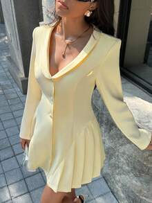 Chiquease Fashionable Crew Neck Side Pleated Short Dress - Yellow - View 6