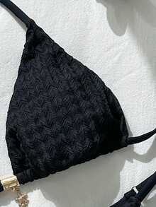 Swim Mod Women's Summer Solid Cream Yellow Jacquard Fabric Star Decor Halter Bikini Set Capri Holiday - Black - View 4