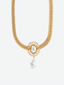 Opalesca 1pc European & American Asymmetric Pearl Geometric Oval Pendant Necklace, Luxury Rhinestone Studded Clavicle Chain For Women,Outfits,Old Money,Beaded,Wedding/Bridal Accessories,Fairycore/Fairy,Pearl,Flower,Fall/Autumn/Winter,For Mom/Women/Girl/Mother,Elegant,Premium - Yellow Gold - View 4