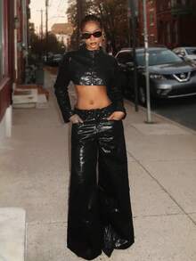 Jeanoix Women's Y2K Fashion Streetwear Faux Leather Coated Wide Leg Pants