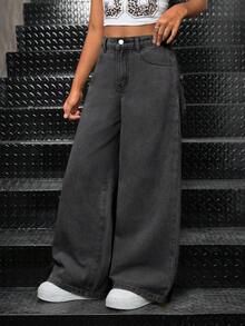 SHEIN Quần jean ống rộng đơn sắc, thường ngày, đa năng dành cho bé gái tuổi teen - Xám - Xem 5