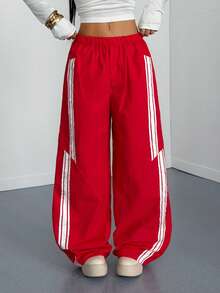 StreetHx 女士街头风红色撞色条纹印花裤 - 紅色 - 查看 7